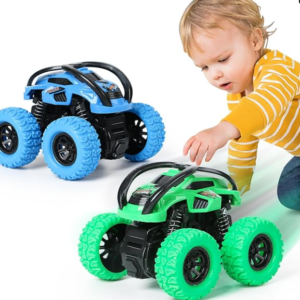 Monstertruck Spielzeugauto, 2 Stück Monster Truck Aufziehauto Kinder Spielzeug, Reibung Zurückziehen, 360° Drehung Trägheit Fahrzeug, Auto Spielzeug für Baby Kinder ab 3 Jahre (Grün & Blau)